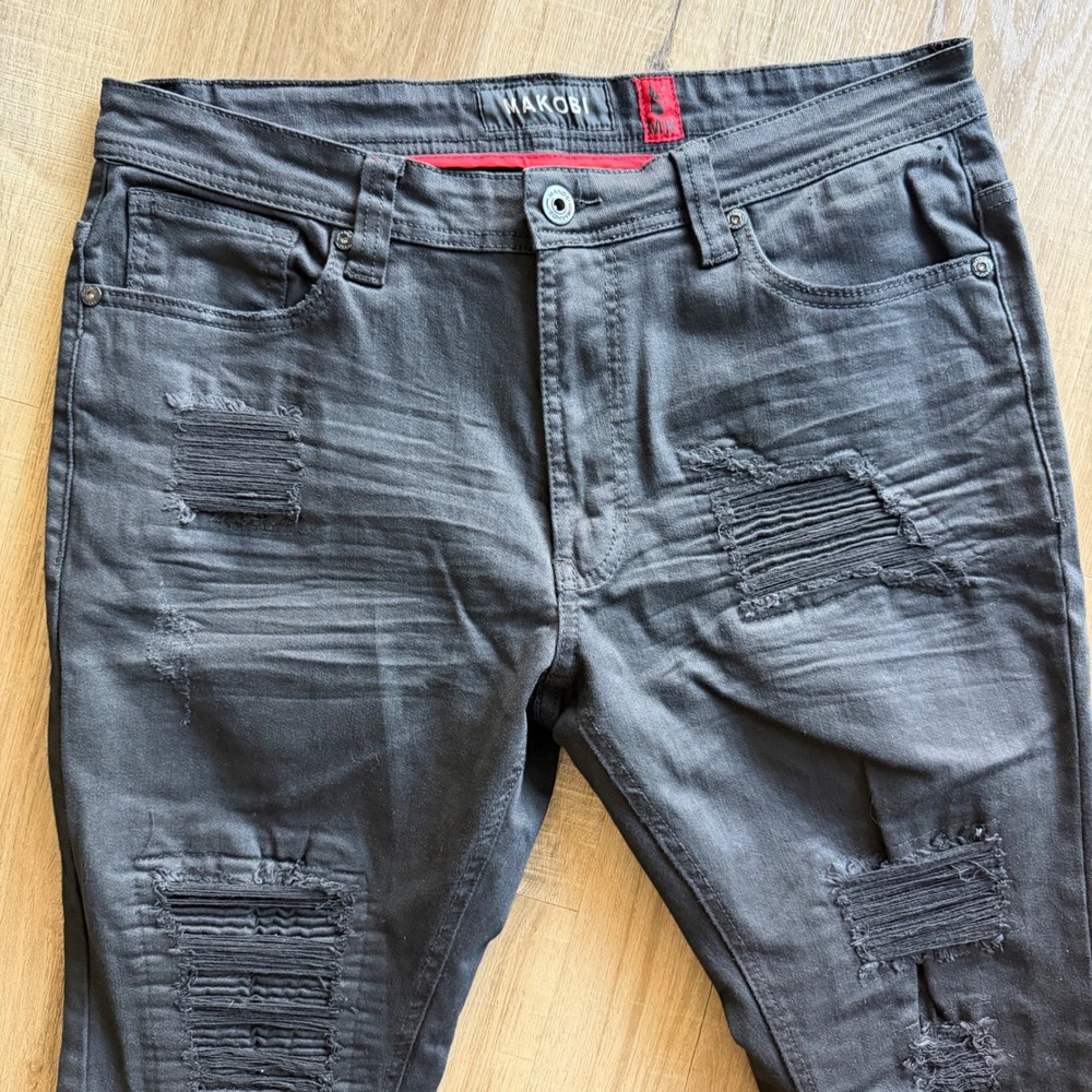 Makobi M1780 Mens Distressed Biker Jeans Faded Black Moto Ripped Denim 36x34